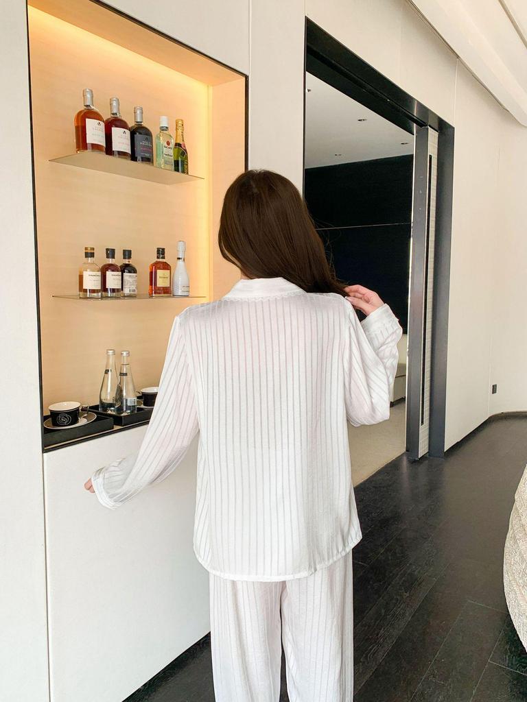Women's High-End Ice Silk Striped Pajama Set - Spring/Summer Luxury Long Sleeve Jacquard Homewear