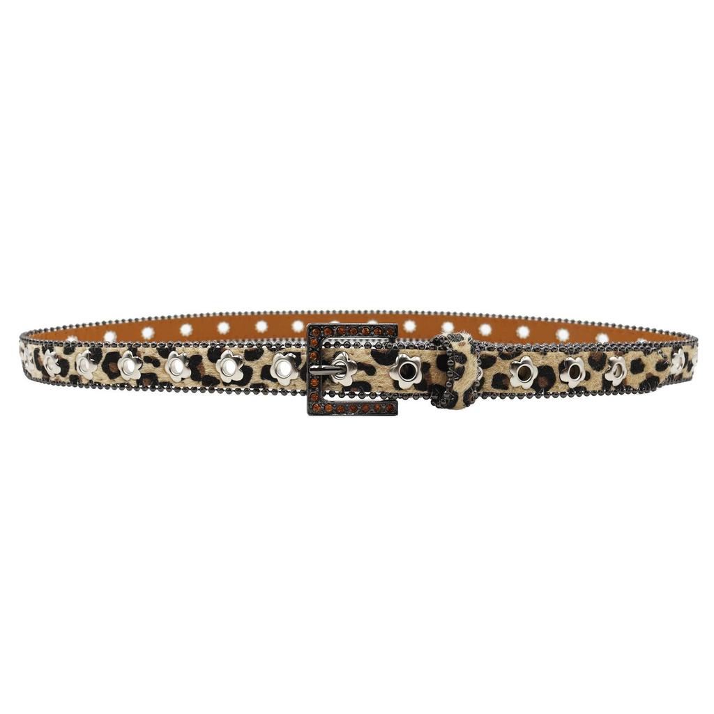 Luxury 2.3cm Leopard Print Leather Belt with Floral Eyelets & Rhinestones, No Punching Needed, Pin Buckle, Fully Diamond-Encrusted.