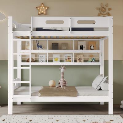 Bunk Bed, Children's Bed with Fall Protection Rail, Open Shelf, Five-Step Ladder, Plenty of Storage, Pine+MDF, White, 90x200cm