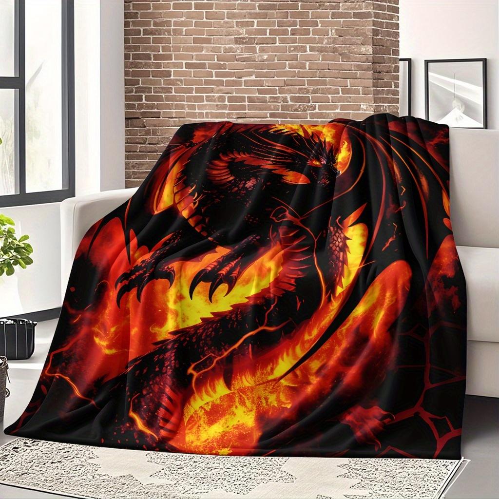 Flame Dragon Flannel Blanket – Soft Breathable Polyester – Vibrant Red Orange Throw – All-Season Cozy Decor