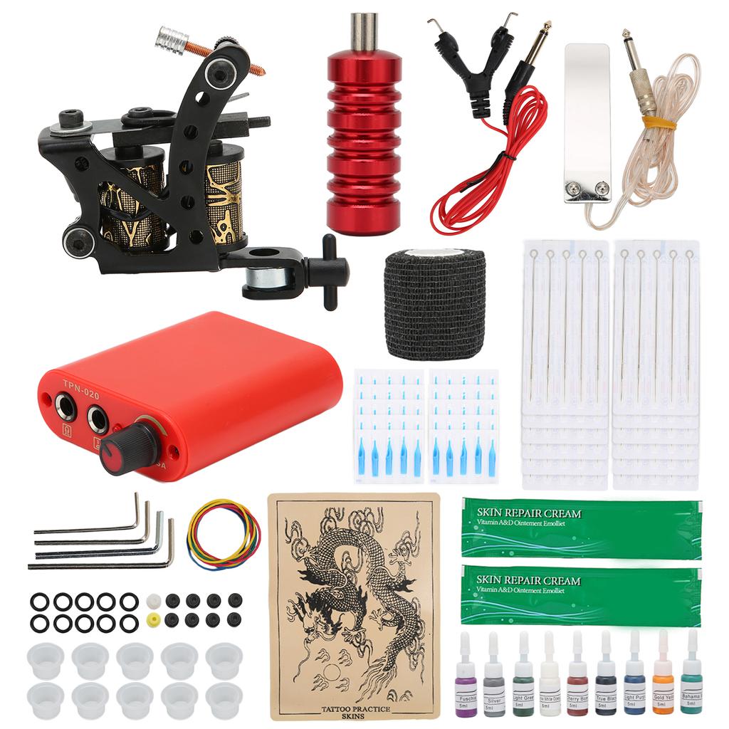 Coil Tattoo Machine Set Power Supply Clip Cord Foot Pedal Practice Skin Tattoo Kit for Beginner