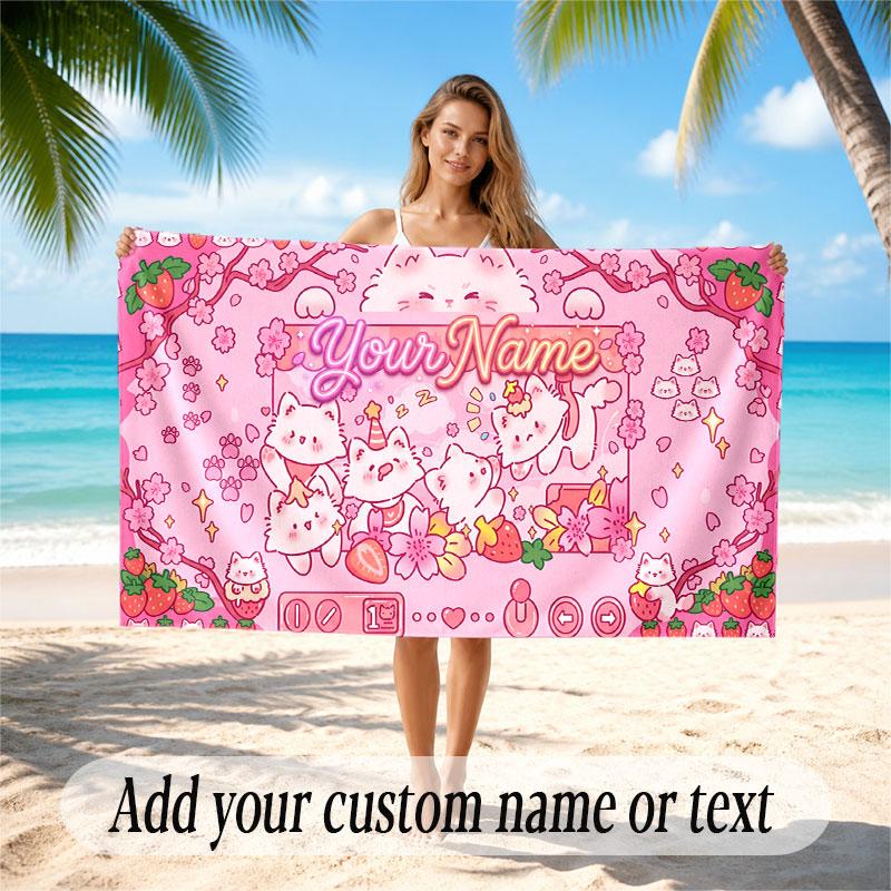 Cat Theme Soft Beach Towel Personalized Custom Name Text Towel Portable for Beach Pool Travel