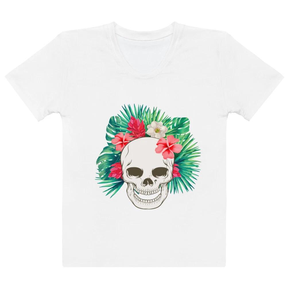 Women s T-shirt Skull with Hawaiian flowers 2XL