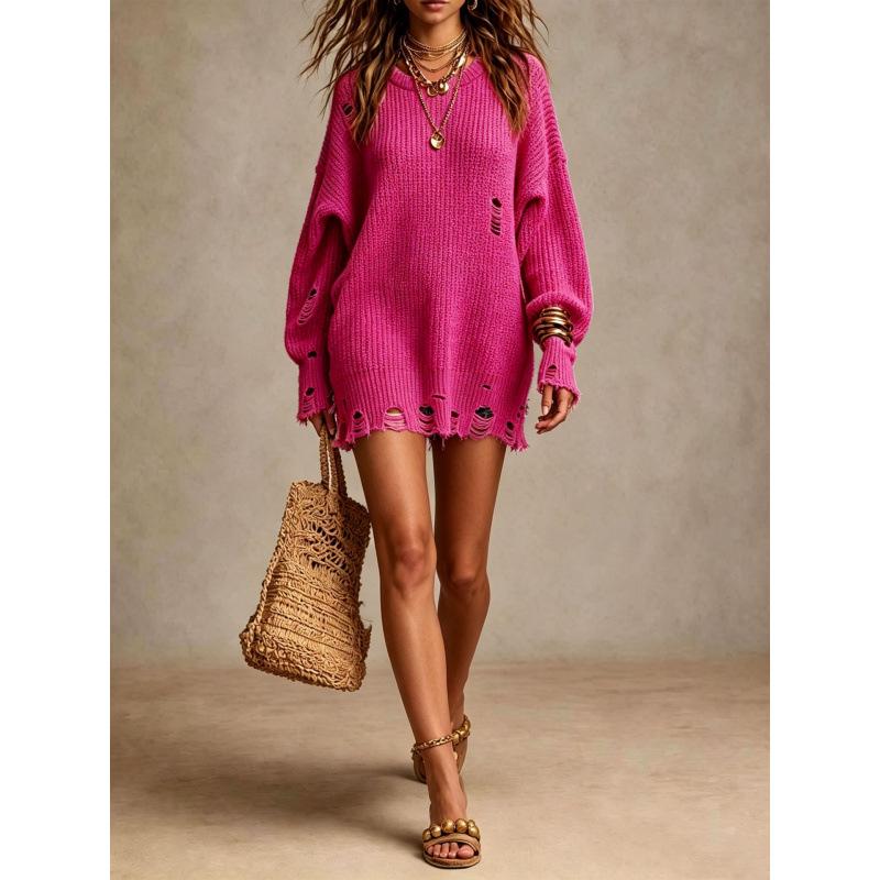 In-Stock Elegant Round Neck Long Sleeve Knit Dress - European & American Street Style