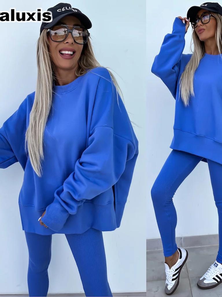 New Spring Outwear Women's Fashion Loose Fit Leggings Set with Oversized Sweatshirt Two Piece Outfit