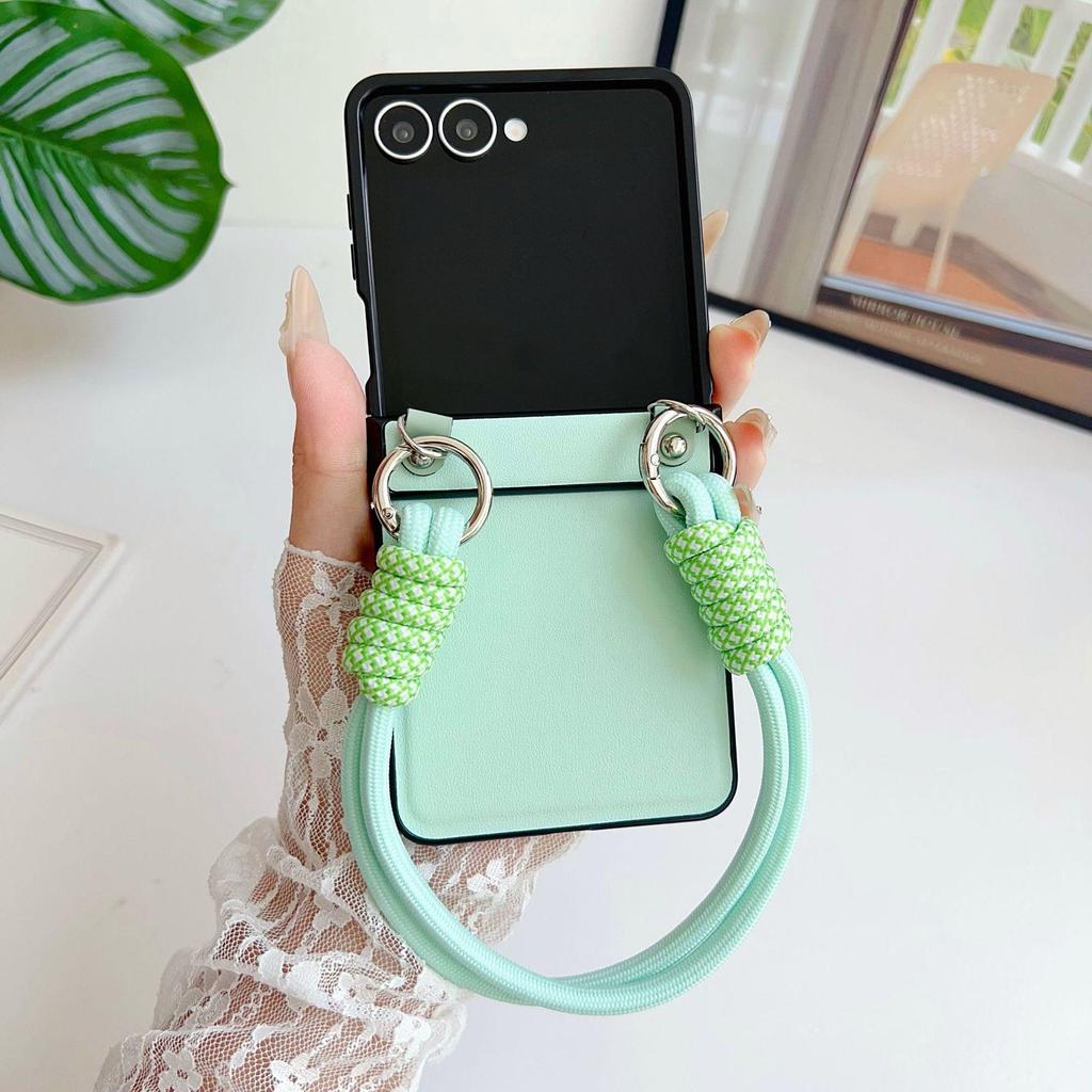 Samsung ZFlip7 Leder Handyhülle mit farbig gewebtem Seil - Passend für ZFlip6/5, Einfarbig, Faltbares Bildschirm-Backcover