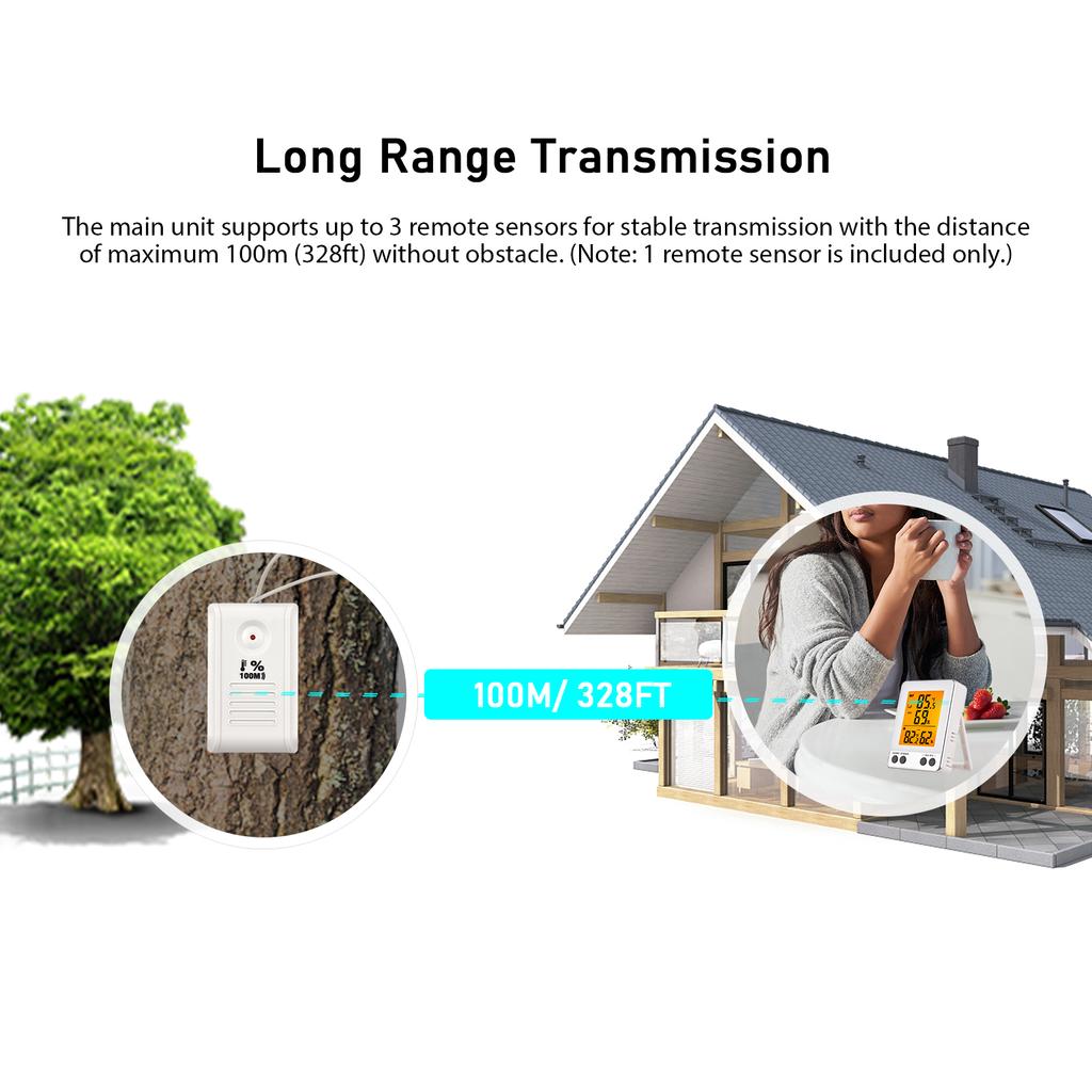 Digital Indoor Outdoor Thermohygrometer with Remote Sensor 328ft 100m Backlight Thermometer