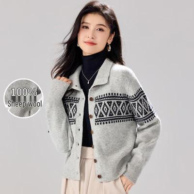 Women's 100% Merino Wool Geometric Jacquard Cardigan