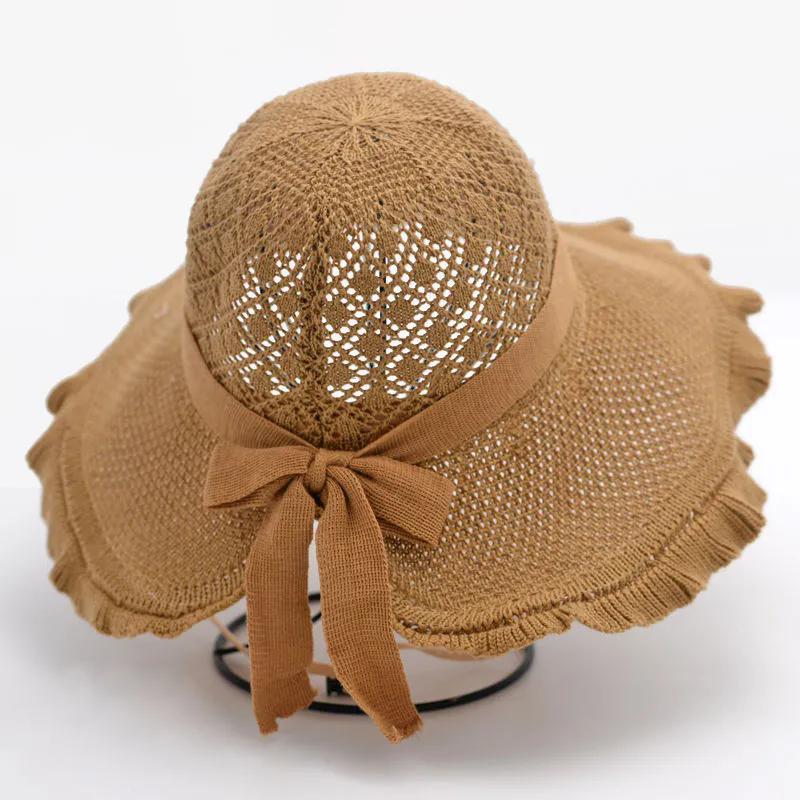 WTEMPO Women's Hollow-out Breathable Bow Wide Brim Sun Hats Solid Color  Elegant Casual Foldable Summer Outdoor Sunscreen Hats