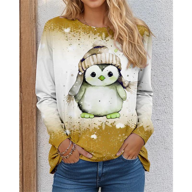 Autumn Winter Penguin Pattern Women T-Shirts Long Sleeve 3D Printed Christmas Style Street Ladies T Shirt 3XL Plus Size Tops