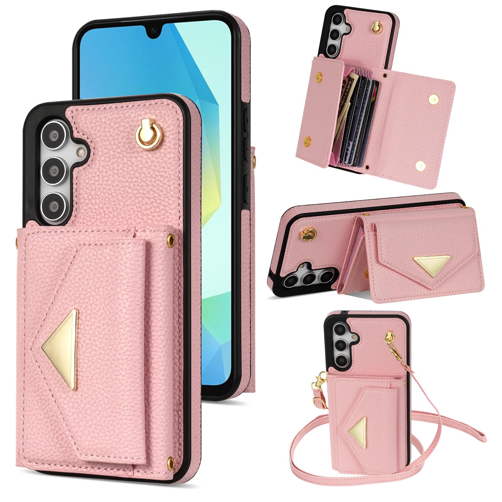 

For Samsung Galaxy A16 4G/5G Case Card Slots PU+TPU Cell Phone Cover with Long Strap Pink