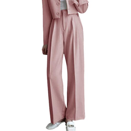 Women Pants High Waist Button Zipper Closure Casual Wide Leg Solid Color Trousers