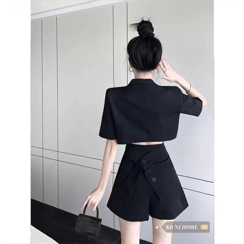 Suit for Women Summer Loose Short Blazer High Waist Slit Pants Skirt Two Piece Set