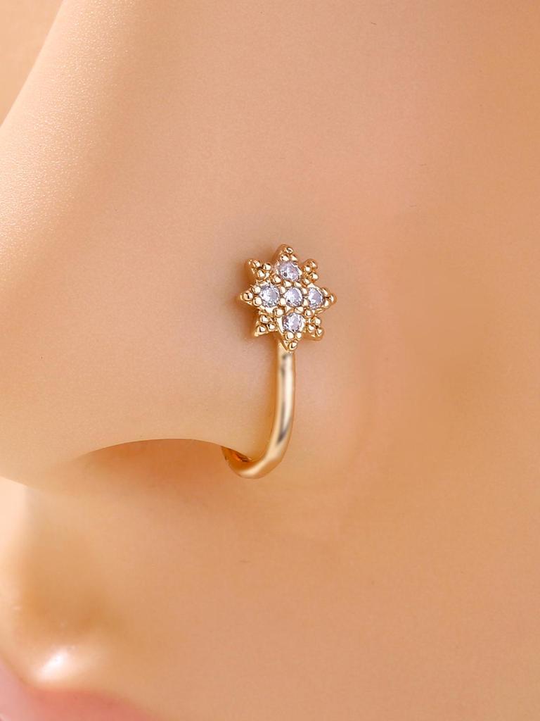 European & American U-Shaped Zircon Flower Nose Stud - Simple, Geometric, Non-Piercing Copper Jewelry