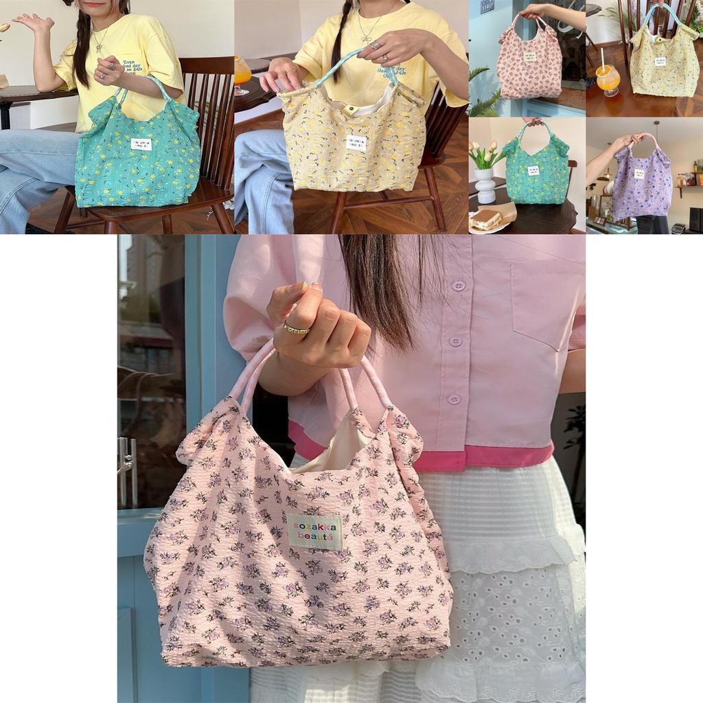 Stylish Korean Floral Print Canvas Tote Bag For Spring Summer With Large Capacity And Soft Design Ideal For Beach And Vacation Activities