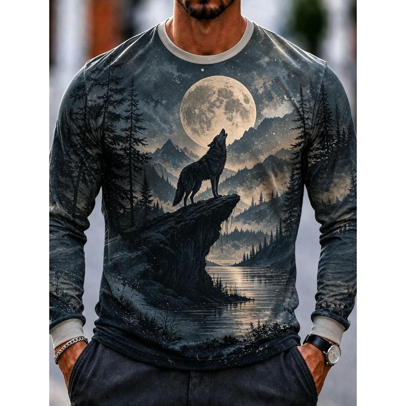 Men Halloween Night Scenery Print Long Sleeve Shirt Pumpkin Full Moon Lantern Autumn Leaf Graphic Crew Neck Top Casual