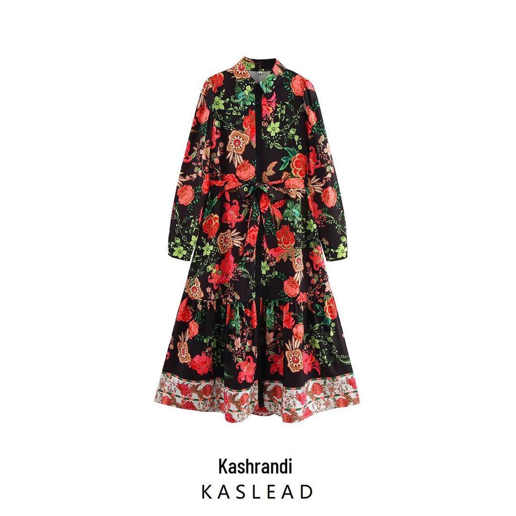 2025 Spring Women's Casual European & American Style Print Tie-Waist Long Dress