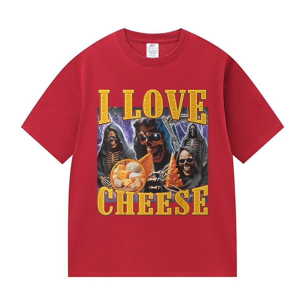 Lustige Ich Liebe Käse Skelett Grafik T-Shirts Herren Damen Vintage Harajuku Kurzarm T-Shirt Sommer Baumwolle Tops