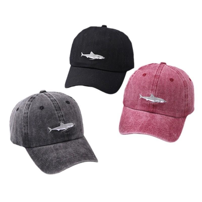 Shark Embroidered Baseball Cap Simple Solid Color Curved Brim Denim Washed Cap Batch