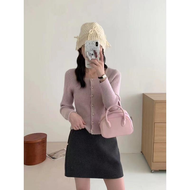 Design Sense Square Neck Pit Strip Long Sleeve Knitted Sweater Button Cardigan Age Reducing Small Jacket Women