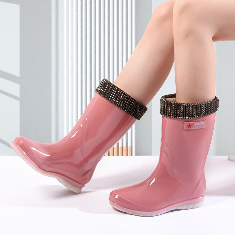 Women's Rain Shoes Medium and High Tube Waterproof and Wear-resistant Work Rubber Shoes Removable and Velvet Adult Outer Wear Casual Women's Rain Boot
