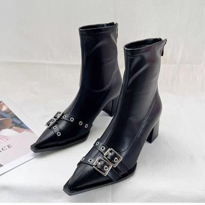 2024 Damen Designer Schnallenschuhe Damen Knöchel Stretch Stiefel Mode Spitzschuh Damen Kurze Stiefeletten Mit
