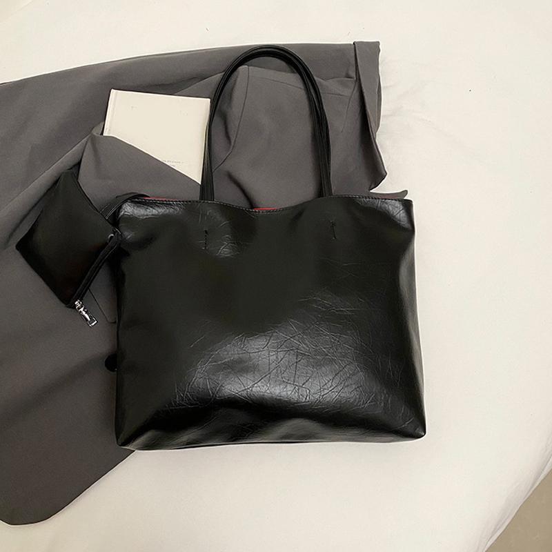 PU Leather Silver Women's Shoulder Bag Simple Design High End Work Commuter Bag Large Capacity Tote Bag with Purse CLE