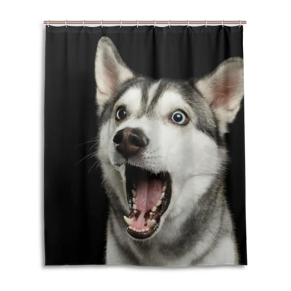 Cute Siberian Husky Shower Curtain Christmas Shower Curtain Set Husky Dog Puppy Bathroom Curtain Pet Dogs Christmas Home Decor W90xH180cm(35x70 in)
