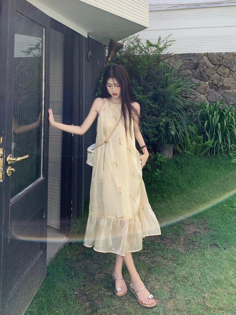 Elegant French Halter Neck Floral Embroidered Midi Dress