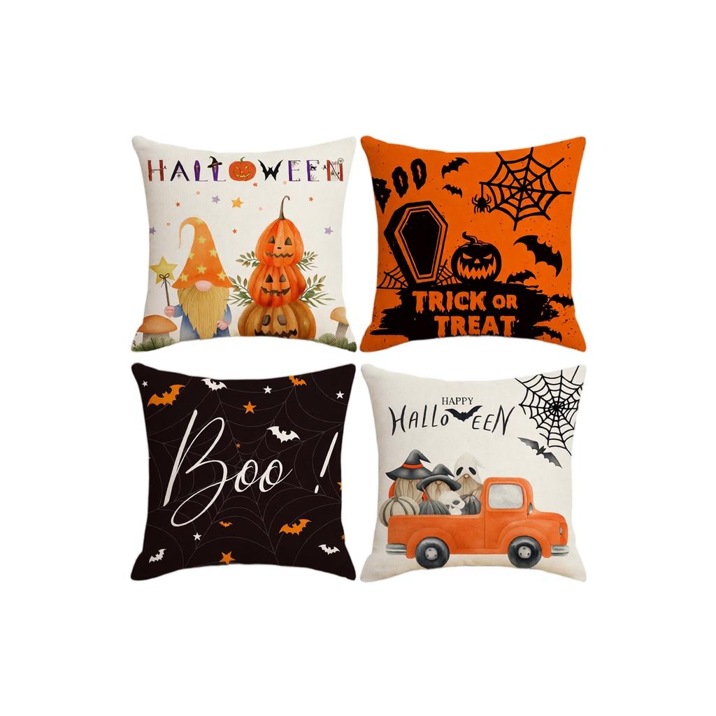 4PCS Halloween Pillow Covers Set Decorative Sofa Throw Pillowcases with Pumpkin and Haunted House Designs for Home Decor