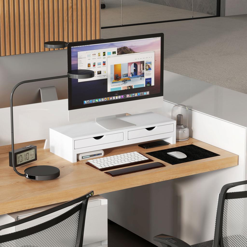 PC Screen Riser Desk Computer Monitor Stand 60-116 Cm with 2 Drawers, Adjustable Length and Angle