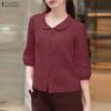 ZANZEA Women Casual Doll Collar Solid Color Loose 3/4 Sleeve Blouse