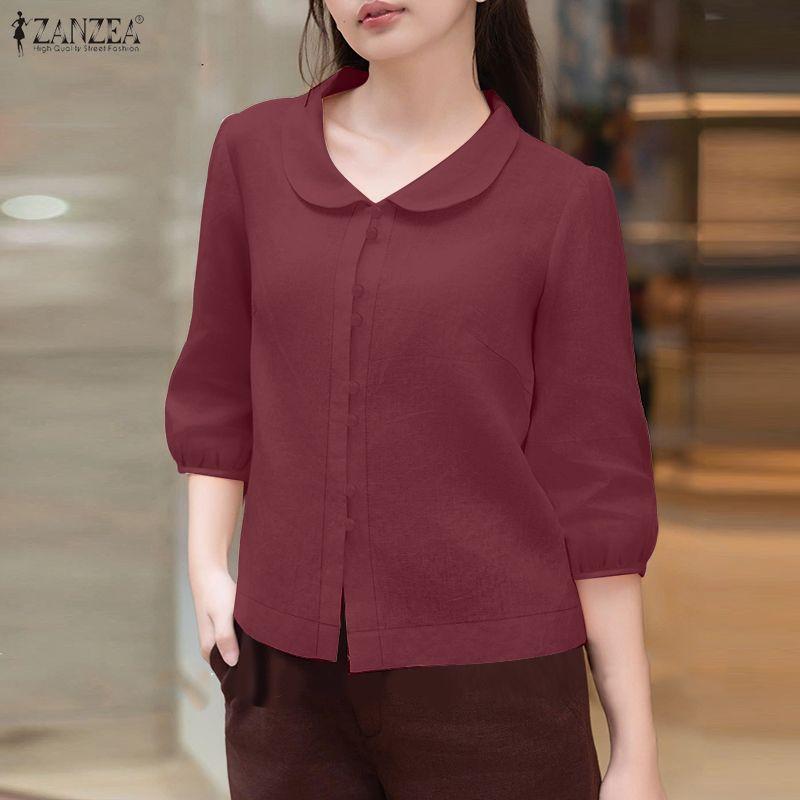 ZANZEA Women Casual Doll Collar Solid Color Loose 3/4 Sleeve Blouse