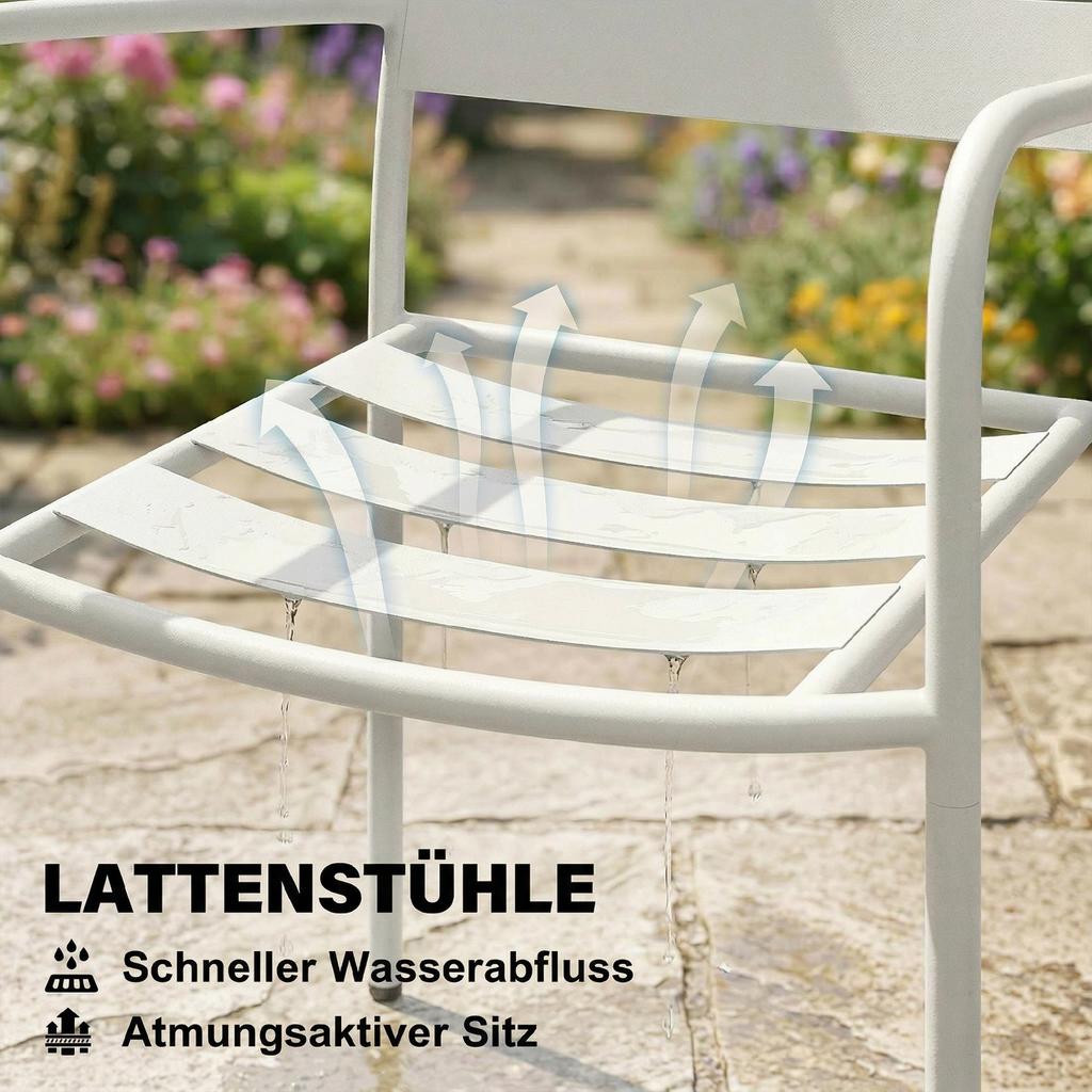 Bistro Set 3-Piece Metal Garden Furniture Set with 2 Garden Chairs, Glass Table, Slat Design, Rust-Resistant