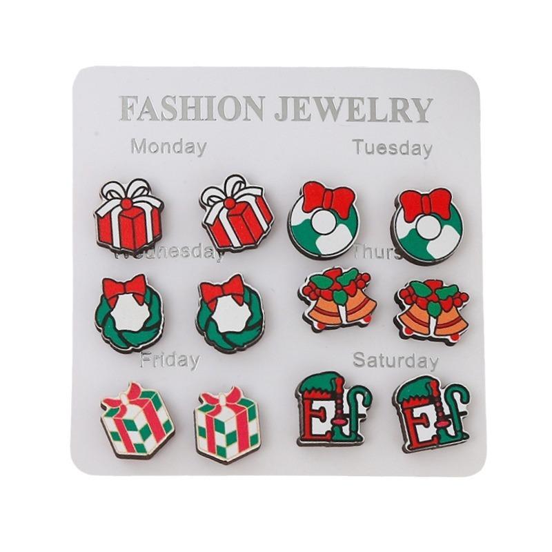 Hot Sale New Christmas Series Wooden Earrings Christmas Tree Bells Snowman Stud Earrings Set
