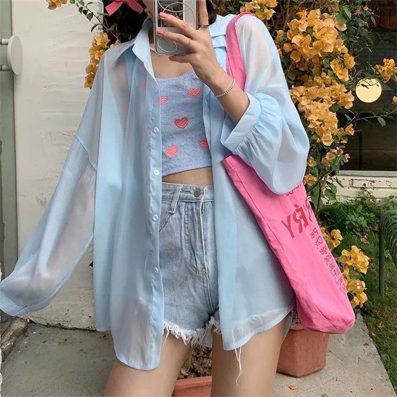 

Жіноча сорочка 2023 р. Блузка з довгим рукавом Жіночі шифонові вільні топи Літній кардиган Тонкий сексуальний однотонний повсякденний колір One Size синій