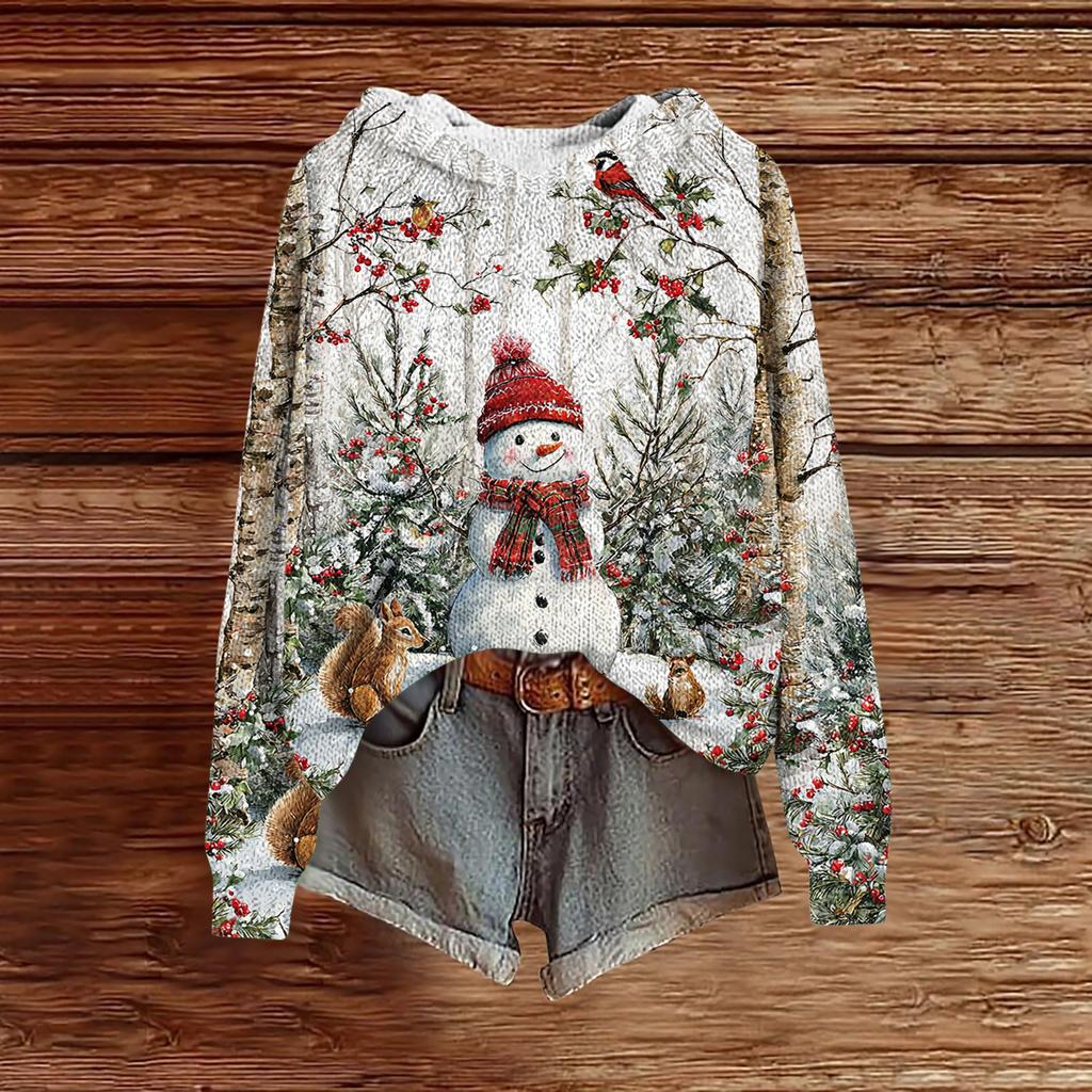 Women's Fashion Casual Long Sleeve Christmas Print Hooded Knitted Sweatshirt