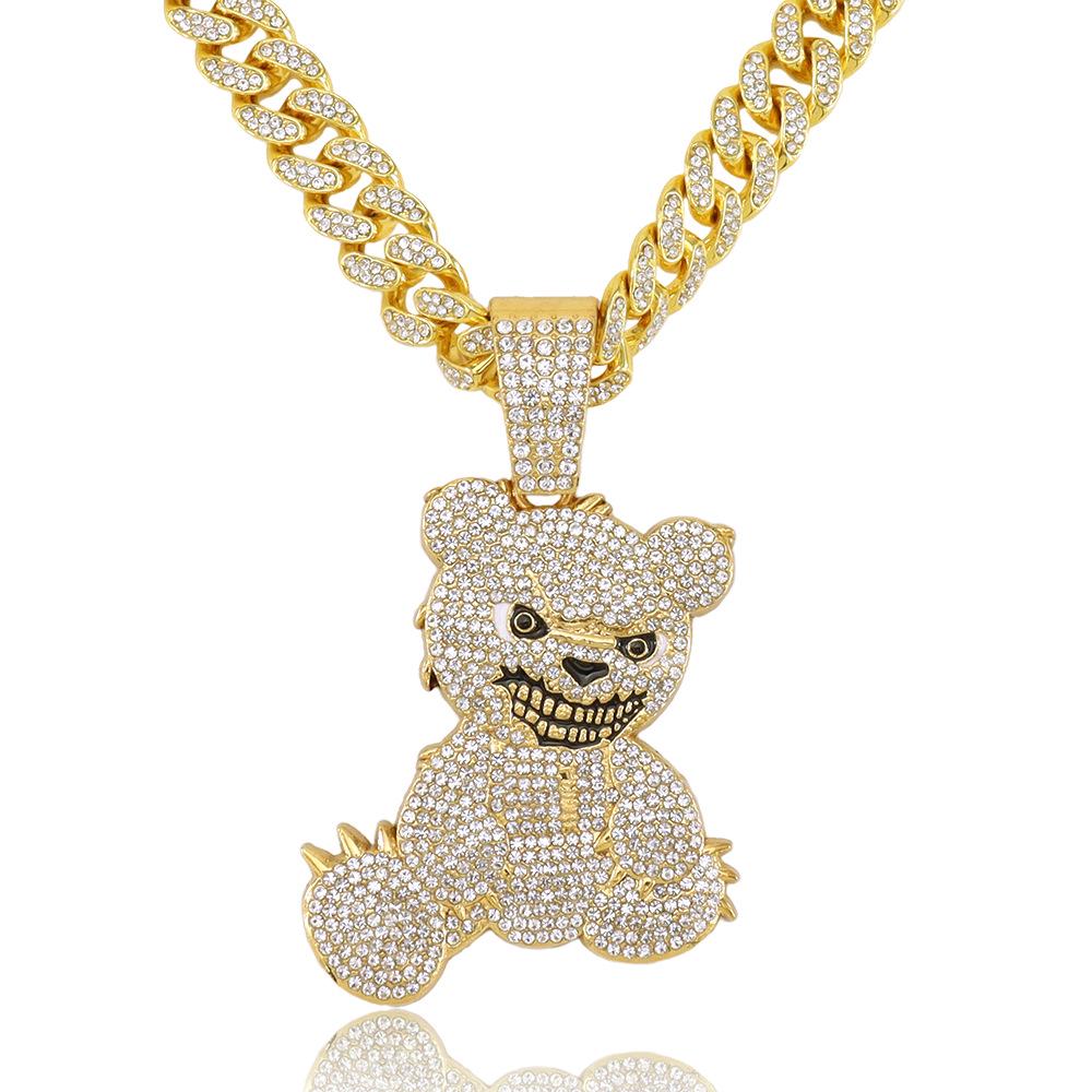 Cross Diamond Painting Bear Pendant Necklace - Trendy Hip-Hop Cuban Chain Clavicle Jewelry