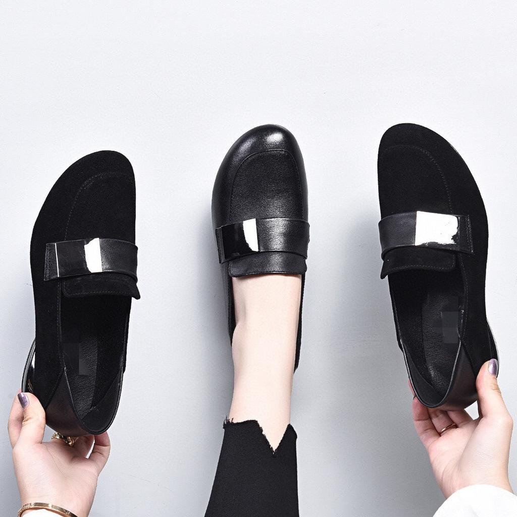 Loafers 2025 spring and summer new mango head square buckle comfortable single shoes black first layer cowhide two wear women's bean shoes