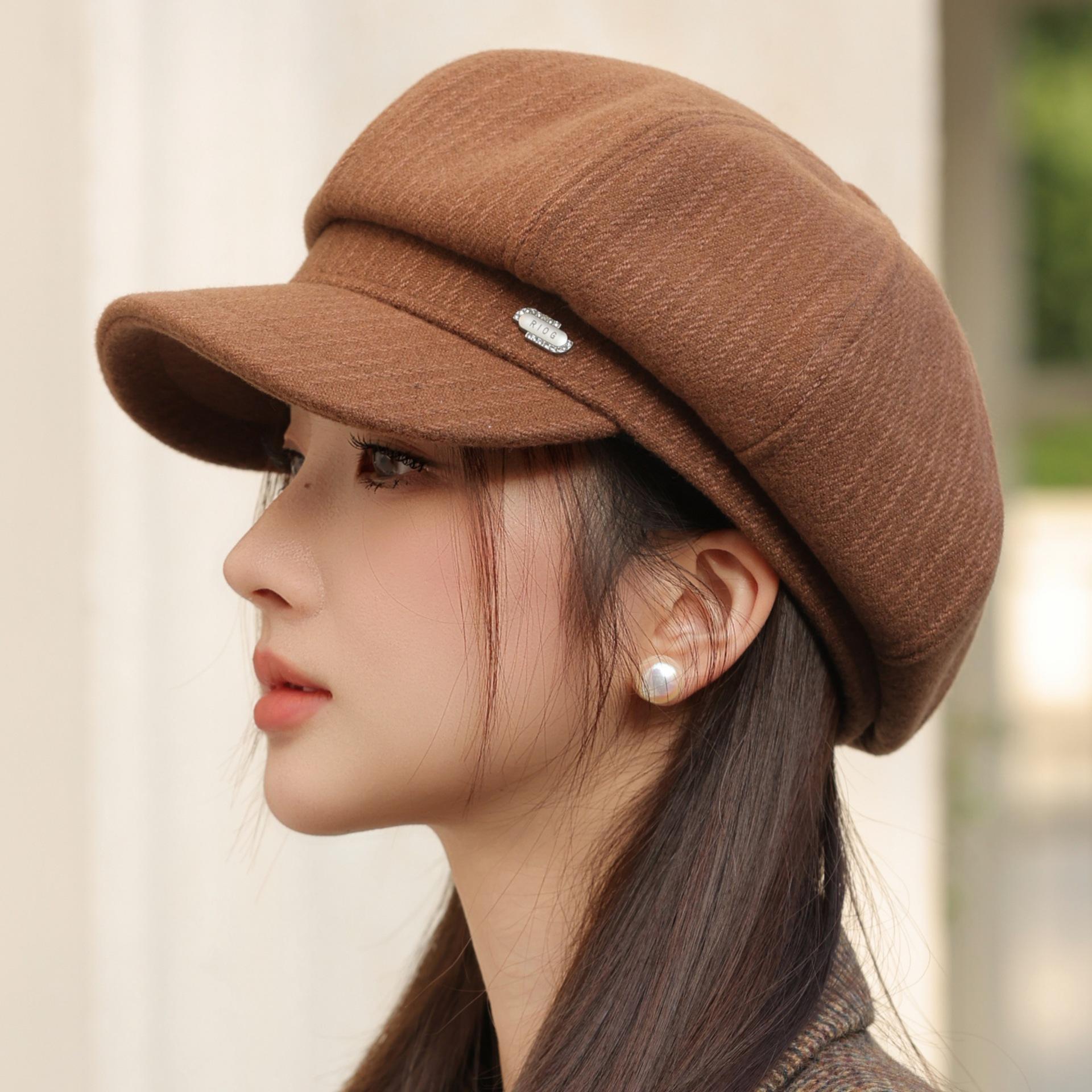 

New hat women s fashion big head circumference showing face ducktongue octagonal hat elegant fine-grained British retro beret One size fits all темно-коричневого кольору