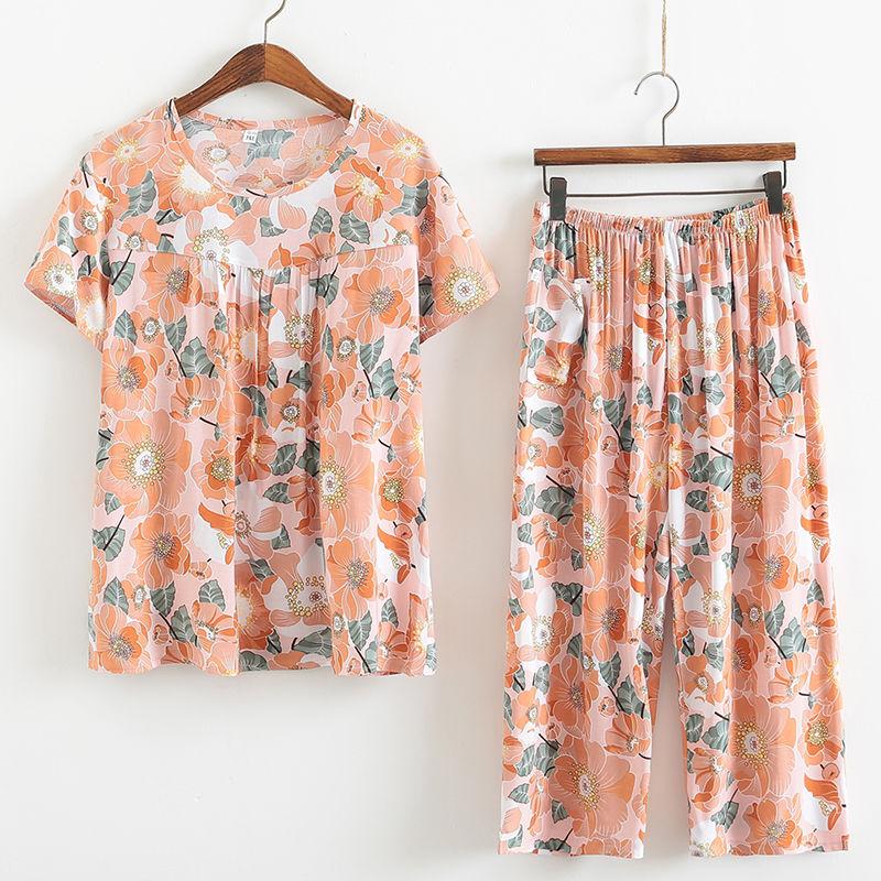 Baumwollseidenset Kurzarm-Caprihose für Damen mittleren Alters und ältere Frauen im Sommer, dünnes Oberteil, cooles Zuhause