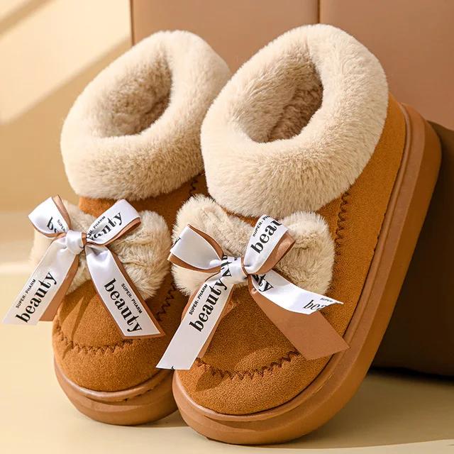 Fashion Women's Bowknot Decor Platform Snow Boots Faux Suede Thicken Plush Winter Shoes Woman Fashion Fluffy Faux Fur Warm Ankle Boots