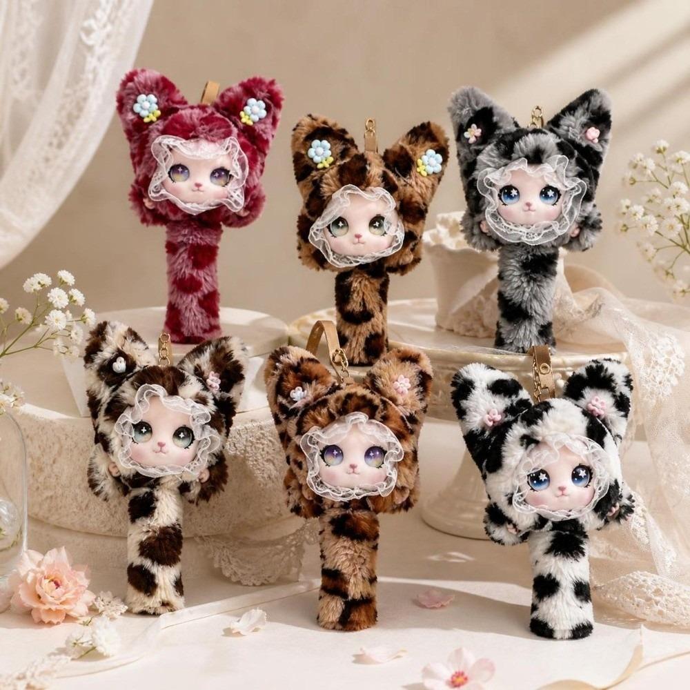 Leopard Print Furry Cat Pendant Long Tail Bag Charms Cartoon Cat Plush Toy Bag