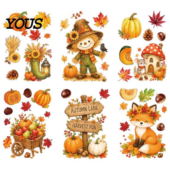 Holiday Window Decals for Glass 6 Sheets Autumn Harvest Stickers, Thanksgiving Cartoon Static Cling Decorations with Fall Art Pumpkins Maple
