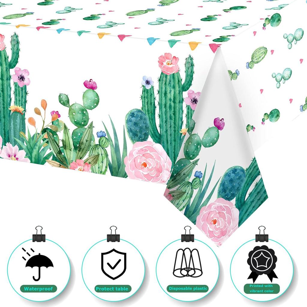 Breling 3 Pieces Watercolor Cactus Tablecloth Plastic Waterproof Table Cover for Birthday Party Decorations Kitchen Dining Room Party Supply, 108 x