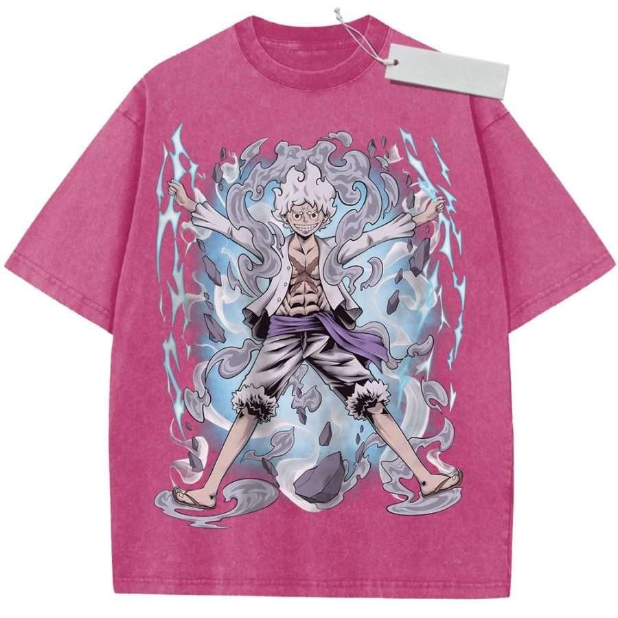 Unisex Washed Black Vintage T Shirt One Piece Luffy th Gear Lightning Smoke High Quality Fabric for Home Leisure Travel