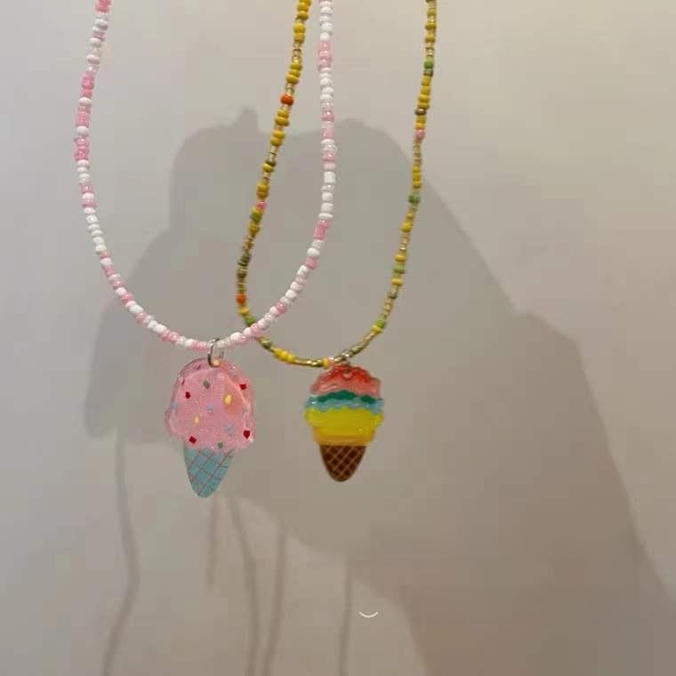 Colier cu pandantiv înghețată, dulce și elegant, cu mărgele colorate – accesoriu clavicular drăguț, durabil și versatil pentru femei.