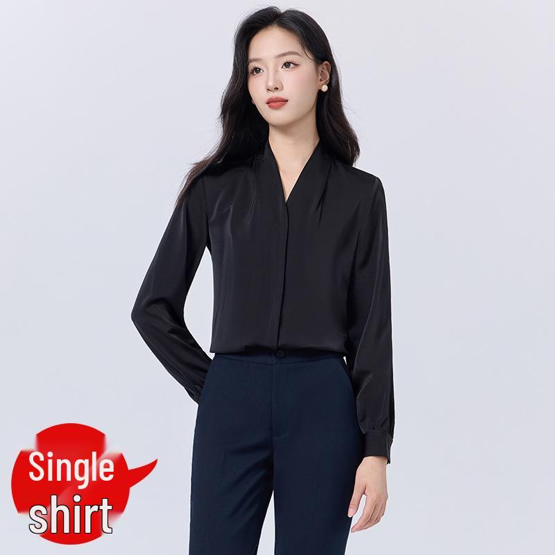 Black V-Neck Long Sleeve Women's Shirt - Petite Professional Interview Wear for Spring and Autumn