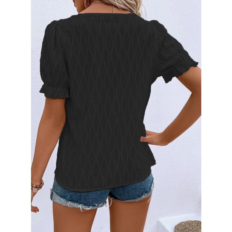 Spring and Summer New Style V-neck T-shirt Puff Sleeves Jacquard Women's Casual Loose Short-sleeved Women's Clothing