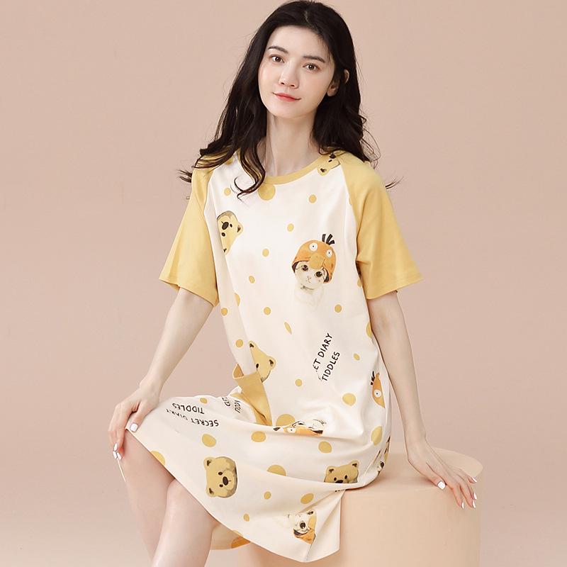 Women's Summer Korean-Style Pure Cotton Short Sleeve Loose Mid-Length Nightgown Pajamas for Home or Casual Wear